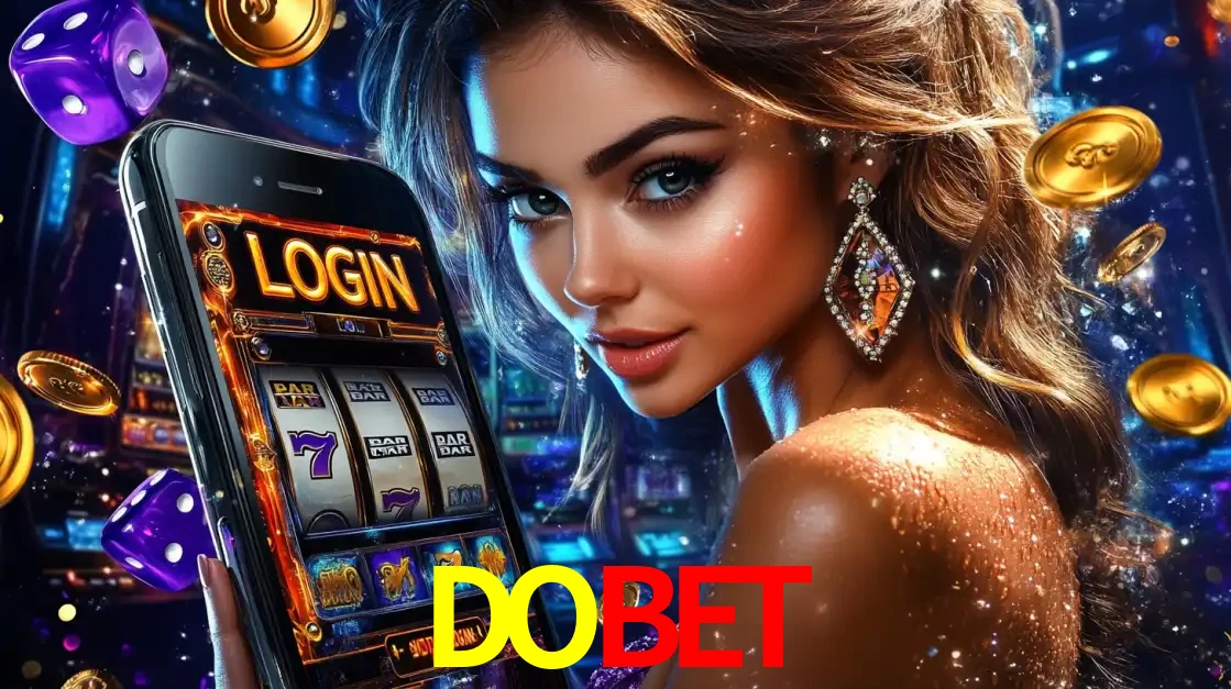 Mulher glamorosa segurando um smartphone com a tela de login para os jogos de caça-níqueis do cassino online DOBET, com moedas de ouro e dados ao redor.