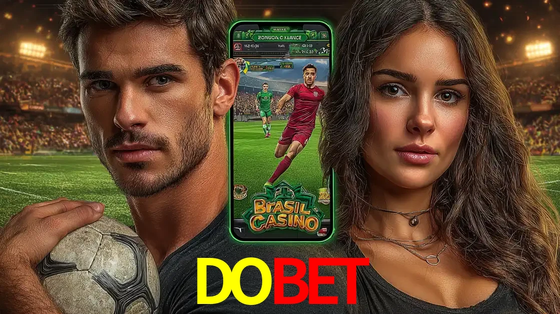 Homem segurando uma bola de futebol e uma mulher ao lado de um smartphone exibindo o jogo de apostas esportivas da DOBET. Faça seu palpite no cassino online.