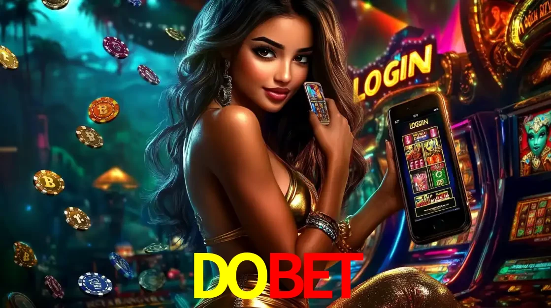 Mulher em um cenário de cassino temático de aventura, mostrando o app de caça-níqueis da DOBET no celular. Fichas de apostas flutuam ao redor.